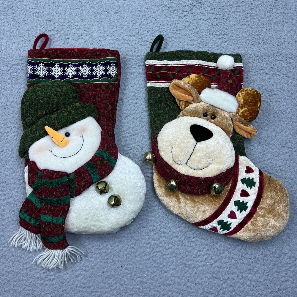 Christmas Stocking Set 3D Reindeer Bells Snowman‎ Scarf Hat Set Pair 2 Two Plush
